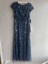 Adrianna Papell Deep Blue Beaded Long Blouson Gown with Short Sleeves. 10