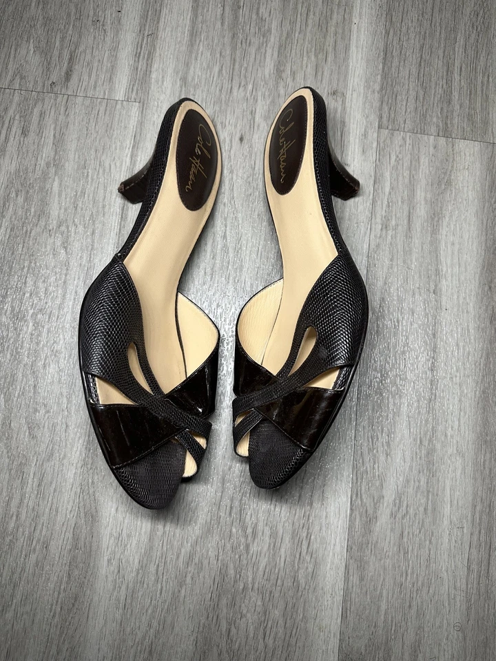 Sandálias femininas Cole Haan de couro preto salto gatinho tamanho 9 - Imagem 2 de 4