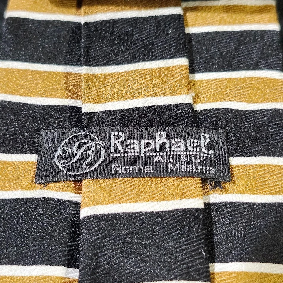 Corbata vintage Rafael negra, dorada y blanca horizontal a rayas hecha a mano 100 % seda Foto 3 de 4