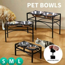 Stainless Steel Double Elevated Raised Pet Cat Dog Feeder Bowls Food Water Stand