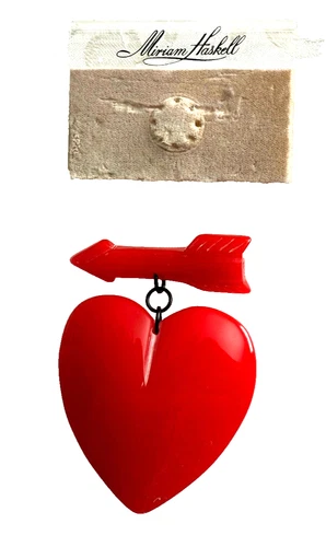 Vintage Miriam Haskell Bakelite Red Heart With Arrow Brooch Pin. 2 1/2" x 3 1/2"