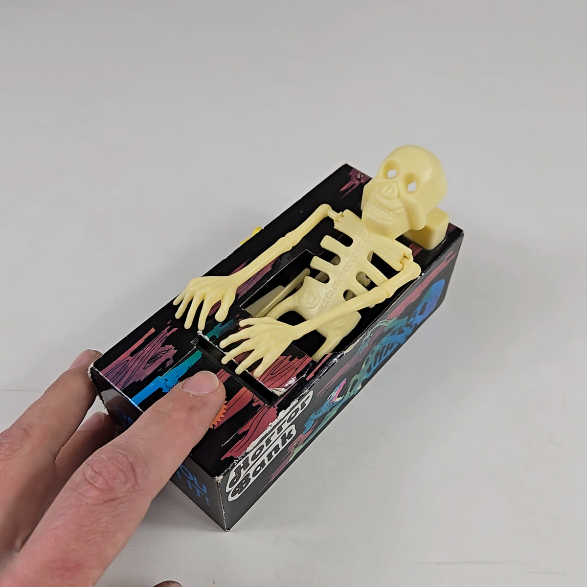 Horror Coin Bank Mechanical Skeleton Coffin Wind Up Action Vintage