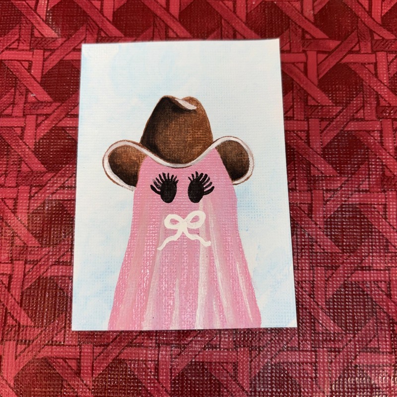 ACEO Original Acrylic Painting Cowboy Girl Pink Ghost Halloween with Bow-ATC