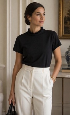 NWT Tahari Cotton Blend Top L Black Tie Closure Short Sleeves Stretch
