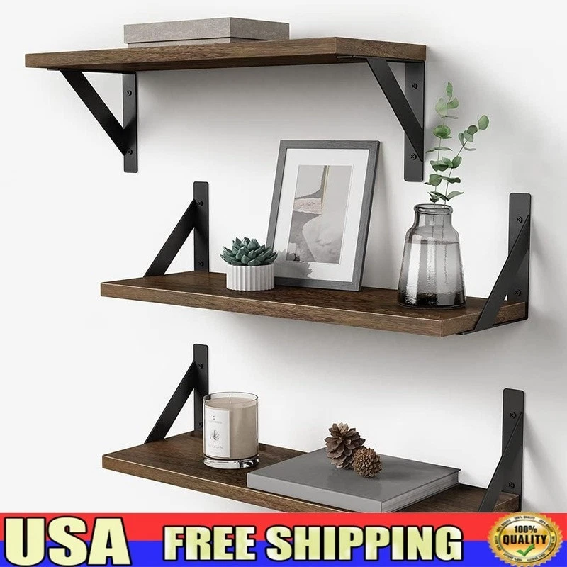 Rustic Floating Wall Shelves Set of 3 Decorative Storage Plants Books Pictures
