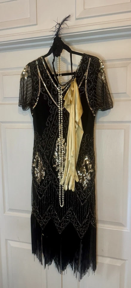 Roaring 20s Flapper Beaded Dress Black & Gold W/ Accessories Halloween Gatsby M - Image 3 of 4