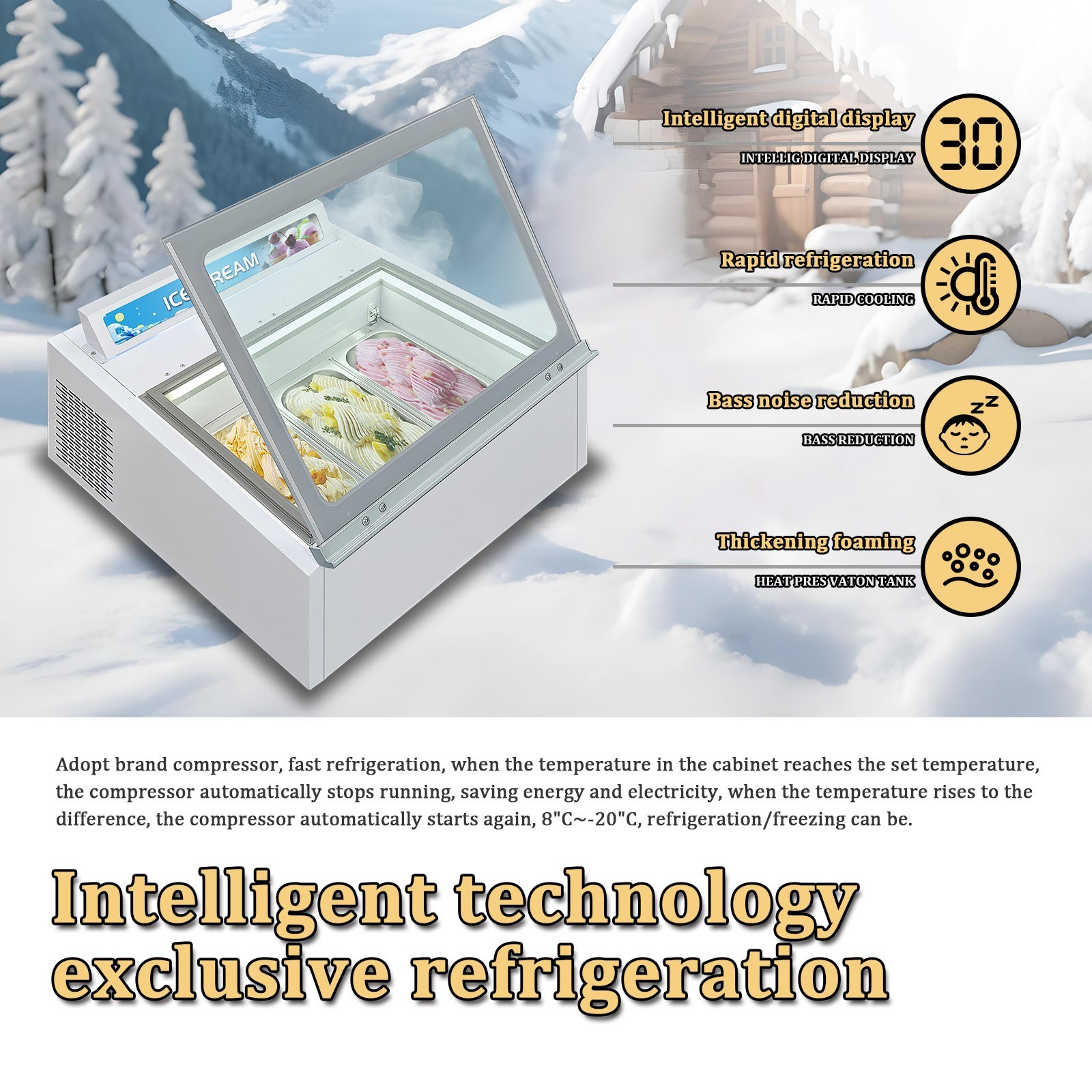 Commercial 3 Pans Ice Cream Showcase Gelato Dipping Cabinet Freezer Auto Defrost