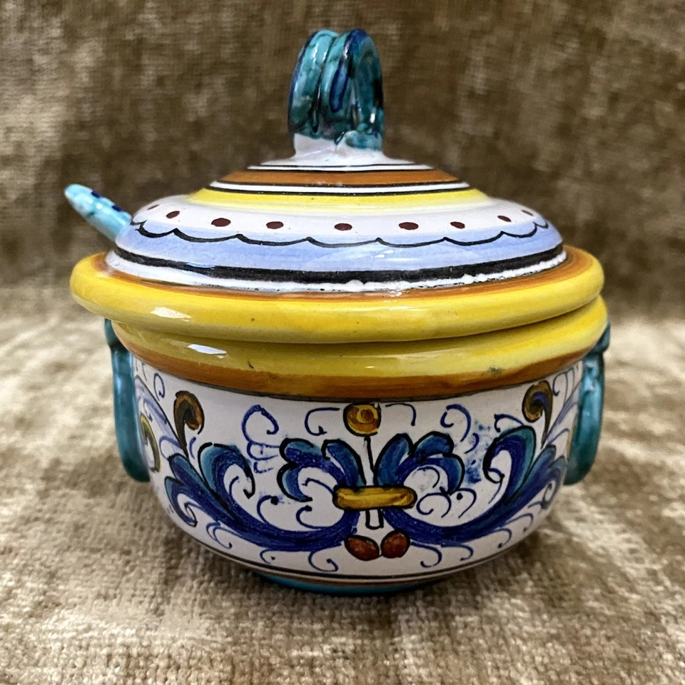 Tazón de queso/azúcar de cerámica artística de mayólica Ricco Deruta - Hecho a mano en Italia Foto 4 de 4