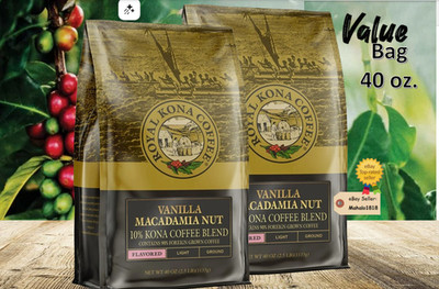  Two 40 oz. Royal Kona Coffee VANILLA MACADAMIA NUT10% Kona Blend FRESH Ground