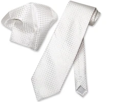Antonio Ricci NeckTie Handkerchief Off-White Cream Squares Mens Neck Tie Set