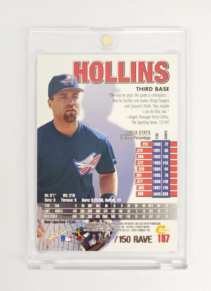 MINT #/150 RAVE FOIL PARALLEL 1998 Skybox Circa Thunder Dave Hollins #197 ANGELS - Image 2 of 2