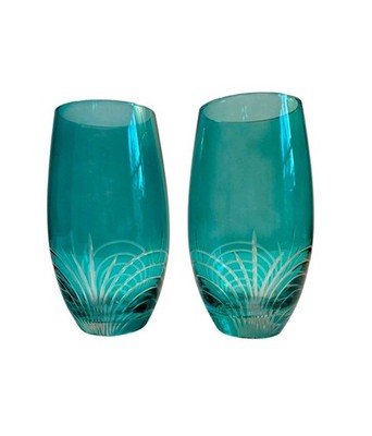 Vintage Aqua Cut To Clear Glass 6'' Tumblers Set Of Two 