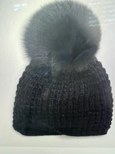 Kyi Kyi Black Genuine Fox Fur Pom Pom Knit Wool Blend Beanie BNWOT