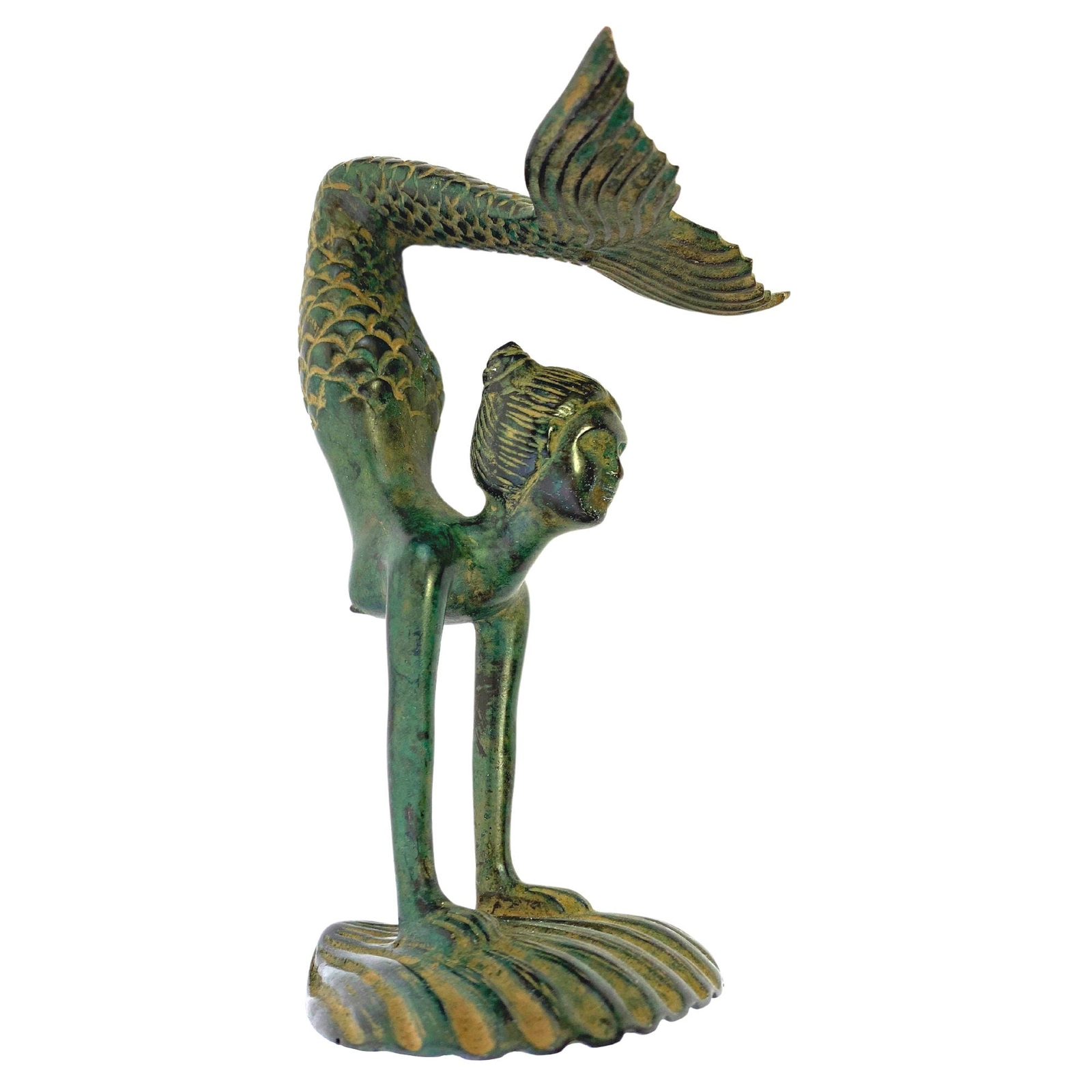 Mermaid Siren Statue Bronze Art Nouveau Sculpture Green Verdigris Metal Handmade