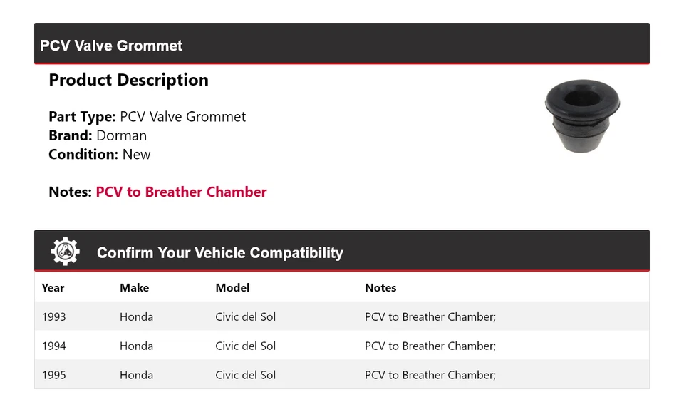 Ojal de válvula PCV para Honda Civic del Sol Dorman 1993-1995 1994 Foto 2 de 4