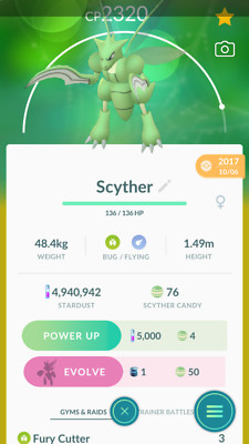 Pokemon Trade GO - Scyther with 2 Charged move unlocked for PVP Ultra League