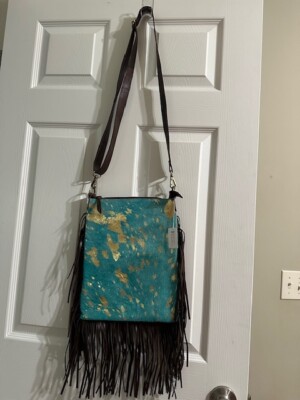 Hair on Hide Juliet Crossbody w/Fringe Asst Purse Blue