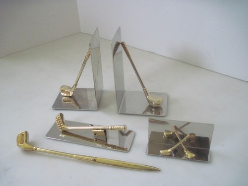 Vintage Elegant Golf Themed Desk Accessories 5 Piece Set Silver & Brass - Picture 16 of 18