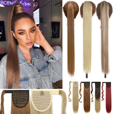 UK Long Straight Wrap Around Ponytail Clip in Hair Extension as Human Hair Brown
