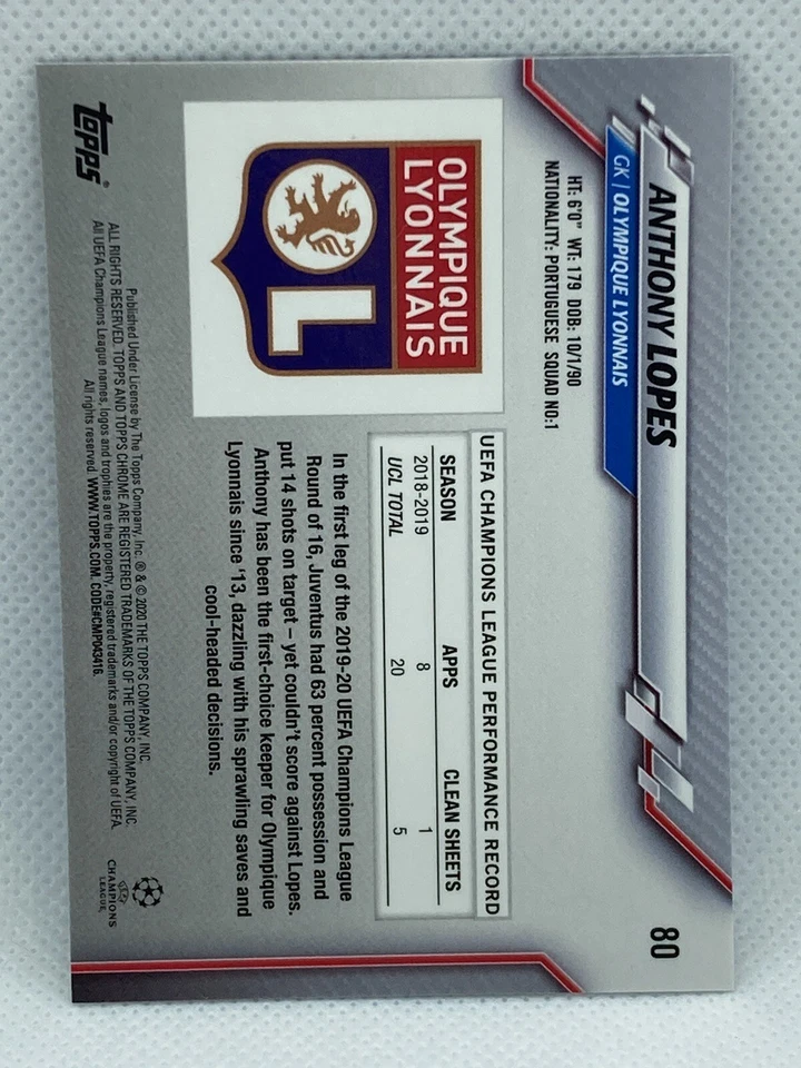 2019-20 Topps Chrome Sapphire UEFA Champions League #80 Anthony Lopes - Image 2 of 2