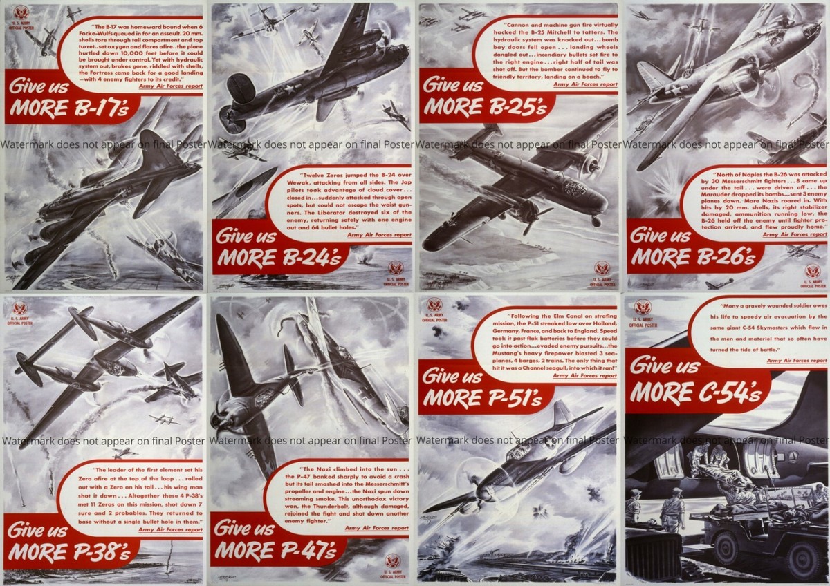 WWII Poster Air Force Boeing B-17 Flying Fortress B-24 B-25 B-26 P 