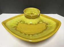 VTG  Yellow California Pottery Chip and Dip Bowl Set Unique 14” MCM