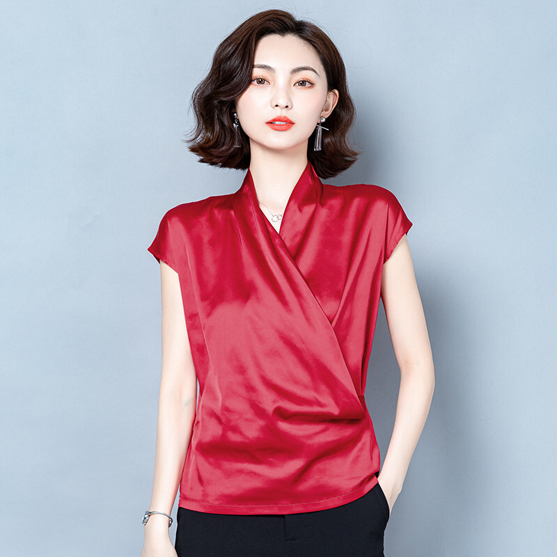 red satin blouse short sleeve
