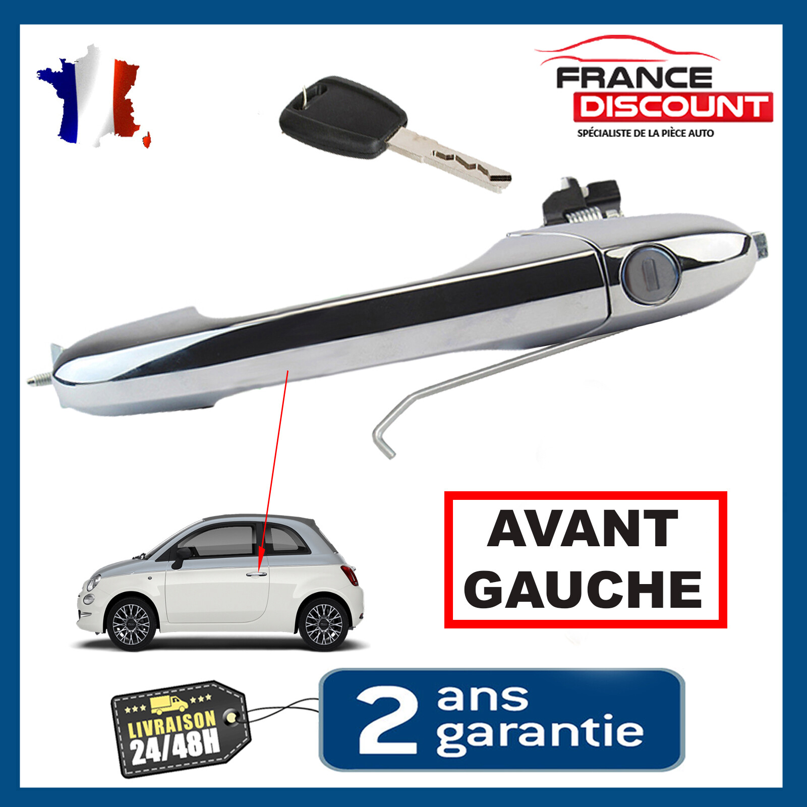 Poignée de porte extérieure gauche chrome pour serrure 500 avec barillet de porte avant