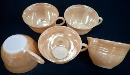 5 vintage Fire King oven ware Peach Lustre Milk Glass Coffee Cups