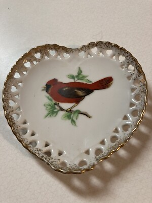 Artmark Japan Cardinal China Trinket Dish With Heart Lattice Work- Hand Painted