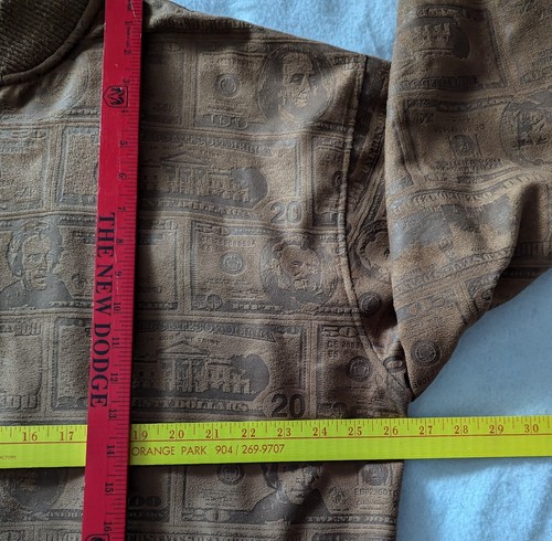 Burgundy Sz L All Over Money Print Jacket Brown Rap Hip Hop Streetwear 90s Y2K - Picture 6 of 15