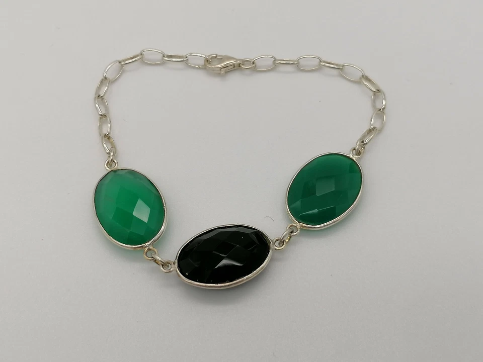 Pulsera Mujer Plata 925 Blanco Con Ágata Verde Y Ónix Hecho En Italia - Imagen 2 de 4