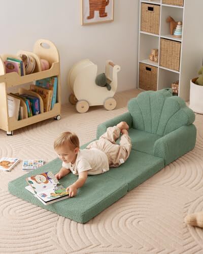 Kids Couch, 2-in-1 Soft Toddler Couch Fold Out, Toddler Chair Green ...