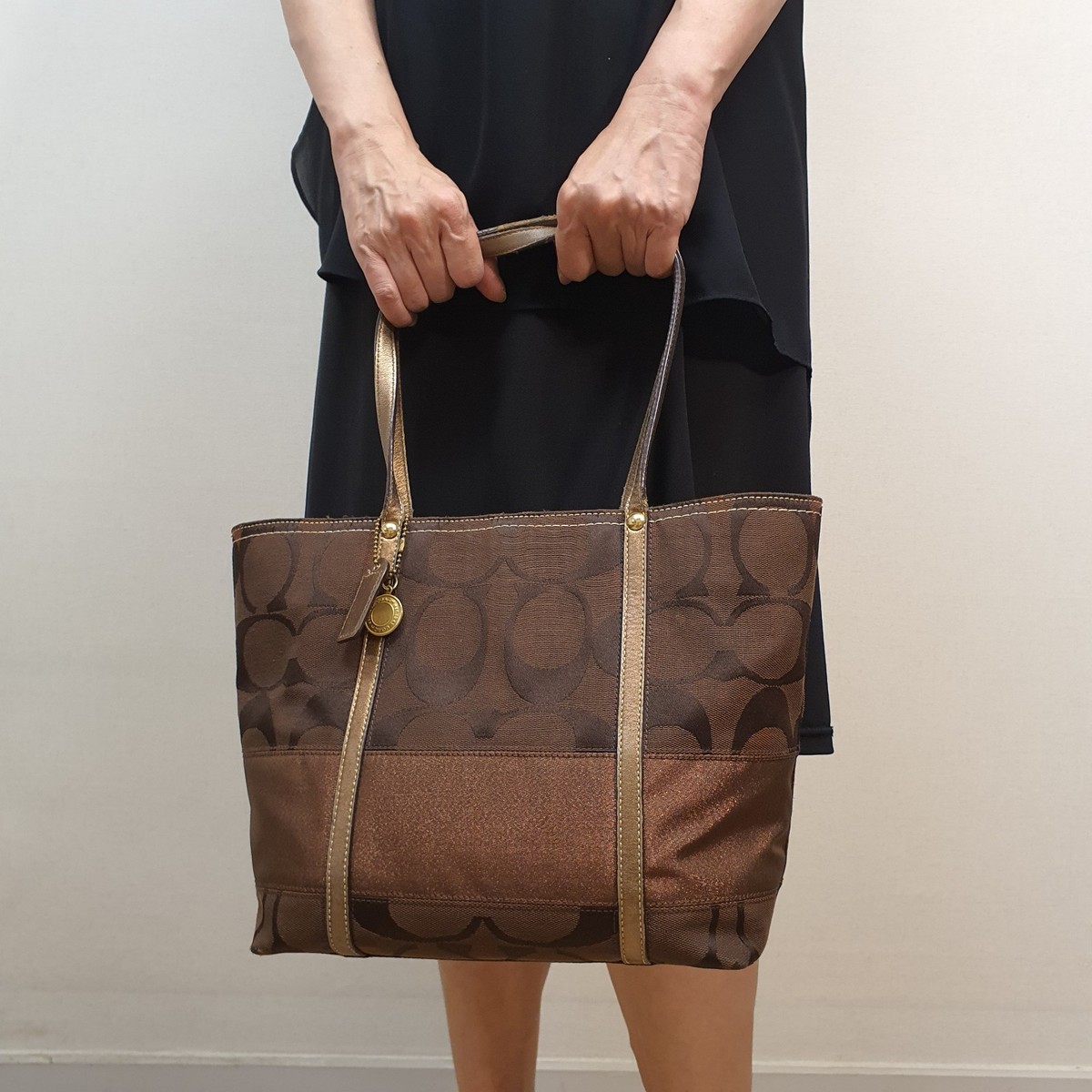 Auth COACH Signature Stripe Brown Canvas Satchel Authentic Style 