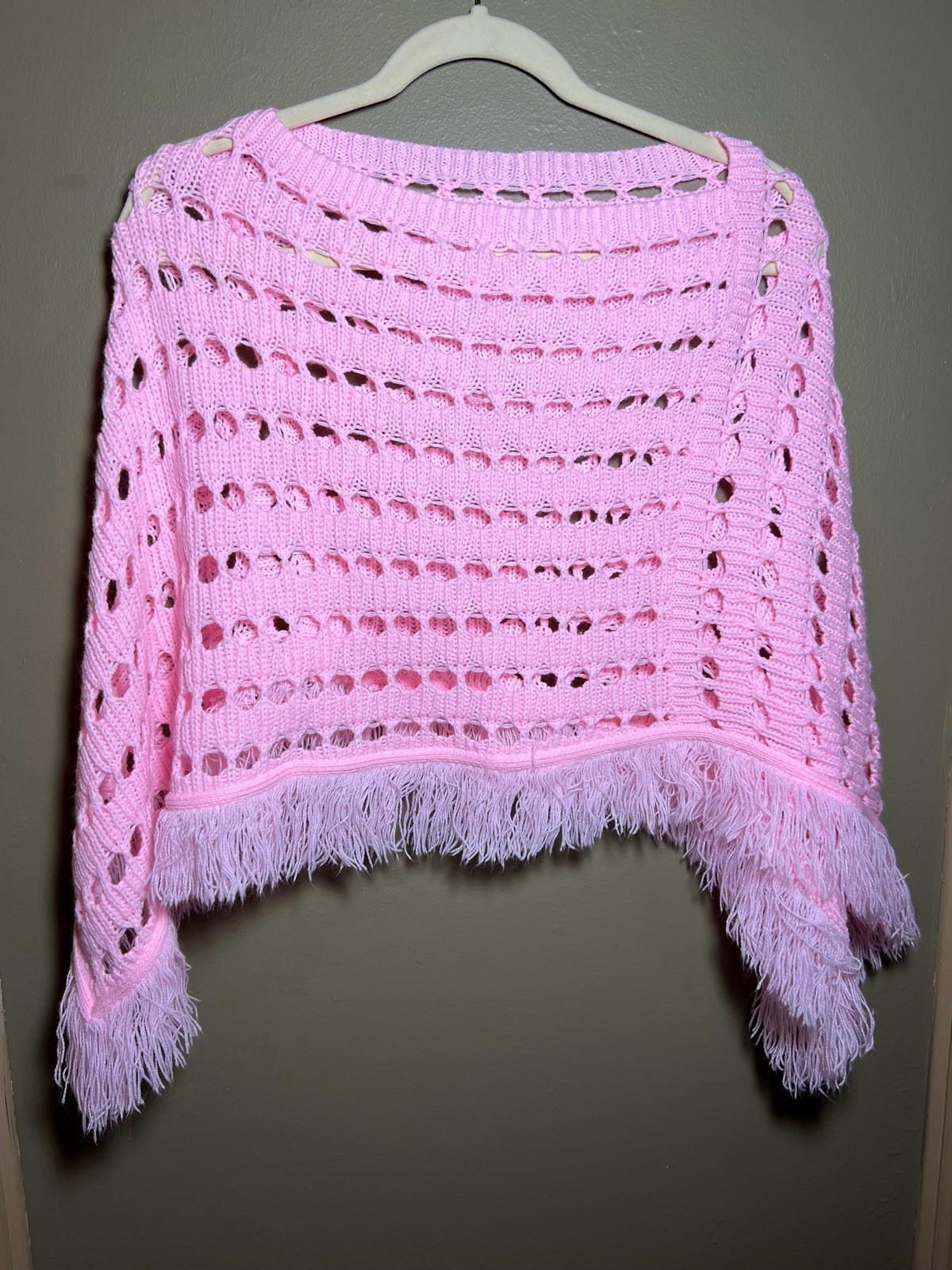 Crochet Knit Poncho Women One Size Light Baby Pink Fringe Y2K Open Knit Boho Top