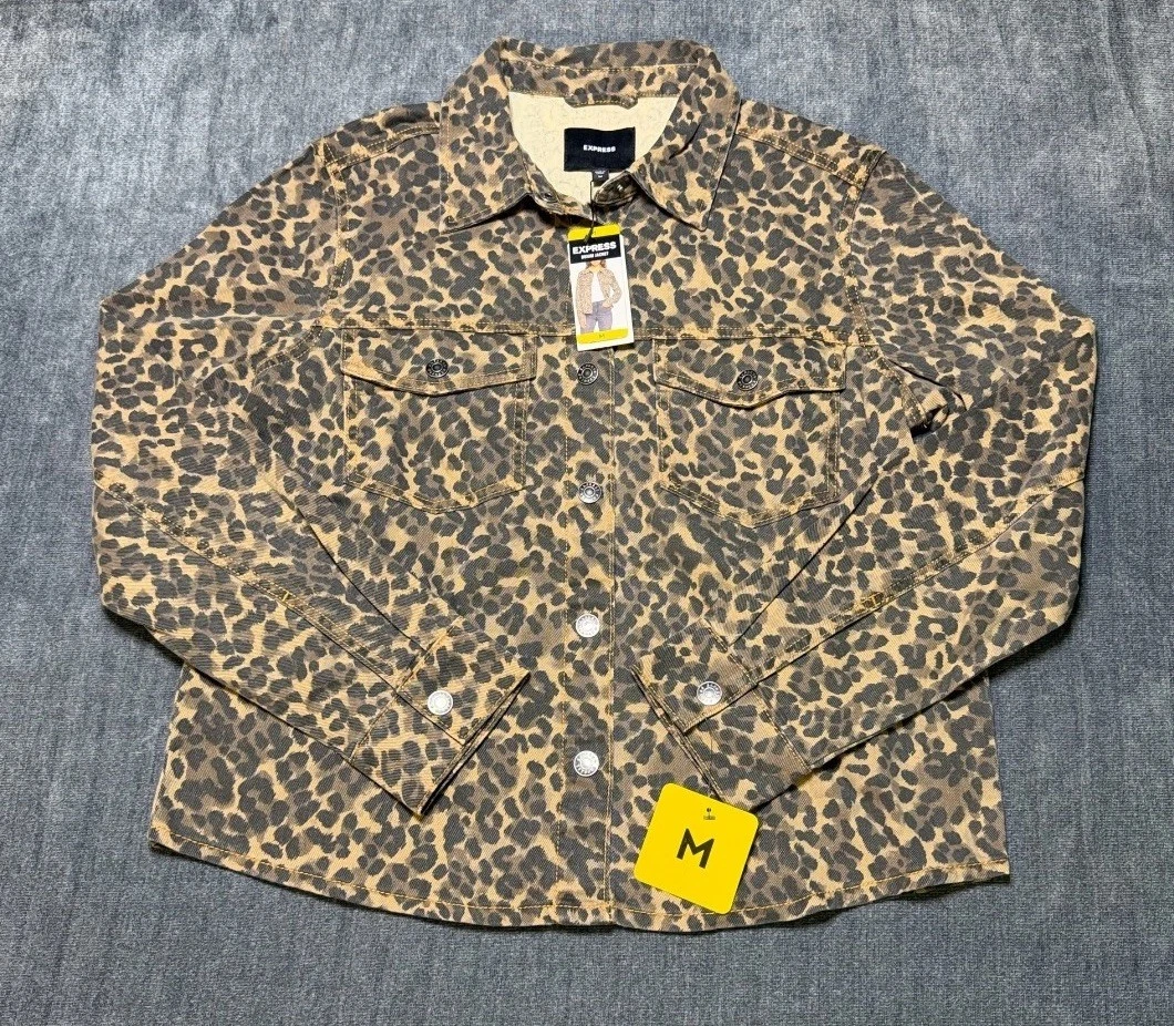 Express Lightweight Leopard Print Classic Denim Jacket Women's Medium Multicolor