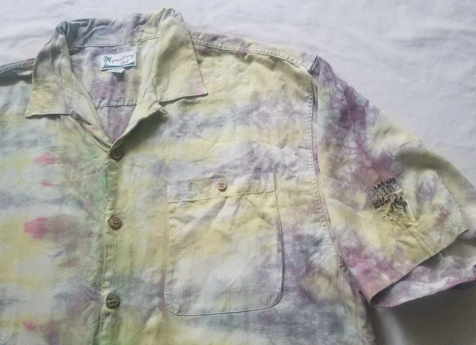 Camisa de seda tie dye amarilla gris a rayas manga corta abotonada - grande hecha a mano Foto 4 de 4