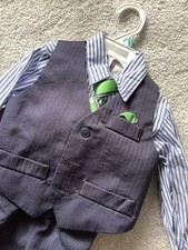 EUC Infant Toddler Boys 4 Piece Blue Dress Outfit Shirt Vest Tie Slacks