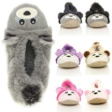 WOMENS LADIES ELASTIC SLIP ON NOVELTY COSY FUR BEAR RACCOON SLIPPERS SOCKS SIZE