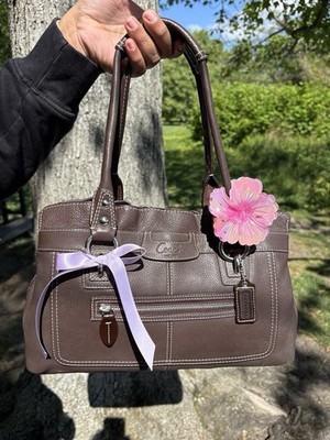 Coach Brown Pebbled Satchel Bag Purple Lining Flower Charm Zip Pockets Studs
