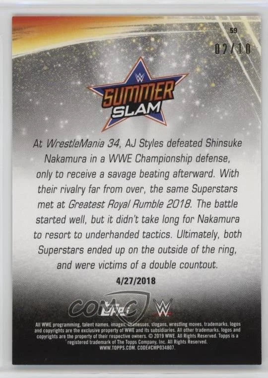 2019 WWE Summerslam Gold /10 vs Goes the Distance AJ Styles Shinsuke Nakamura - Image 2 of 2