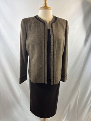 Kapser 3 Piece Brown Skirt Suit with Tweed Blazer, Size 14