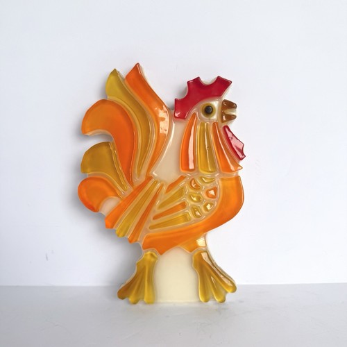 MCM Rooster Wall Hanging 60s Resin Lucite Orange Yellow Retro Kitchen Wondermold