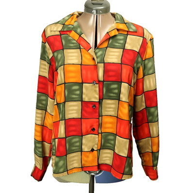 Notations Plaid Button Shirt Long Sleeve Shoulder Pads Green Red Orange PL