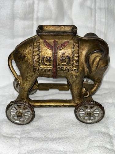 Antique Cast Iron Elephant Bank on Wheels AC Williams Elephant On Wheels Bank