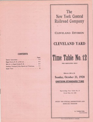 New York Central Railroad 1920 Employee Time Table #12- Cleveland Yard