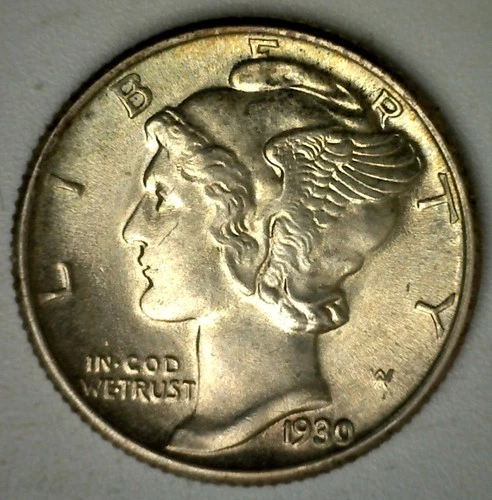 1930 Mercury Silver Dime LIGHTLY TONED Uncirculated 10c US Type Coin