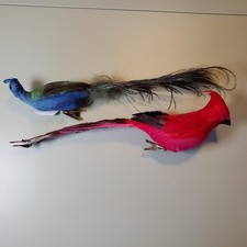 Lot 2 Clip-On Feather Bird Ornaments Cardinal and Peacock 16 inch Holiday Decor