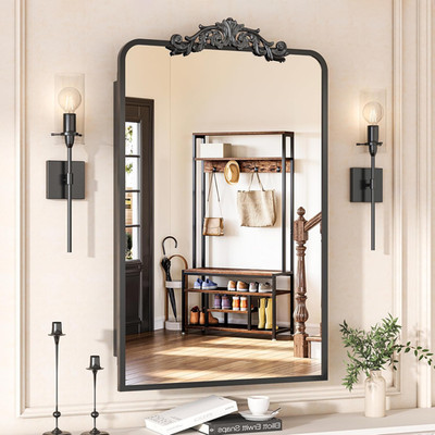 Vintage Arched Black Medicine Cabinet with Mirror & Removable Shelves, 35''x24