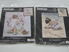 Janlynn Counted Cross Stitch Lot 2 Kit Girl with Cosmos Flowers Collecting Shell